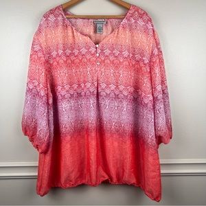 Catherines Womens Tunic Top Shirt Size 2X 22/24W Pink/Red Boho V Neck 3/4 Sleeve